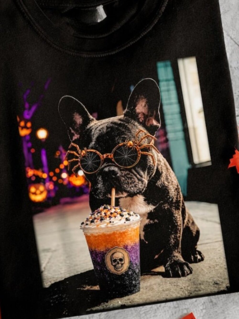 Halloween French Bulldog Drinking Coffee Slush Gildan T-Shirt - Picture 2 of 4